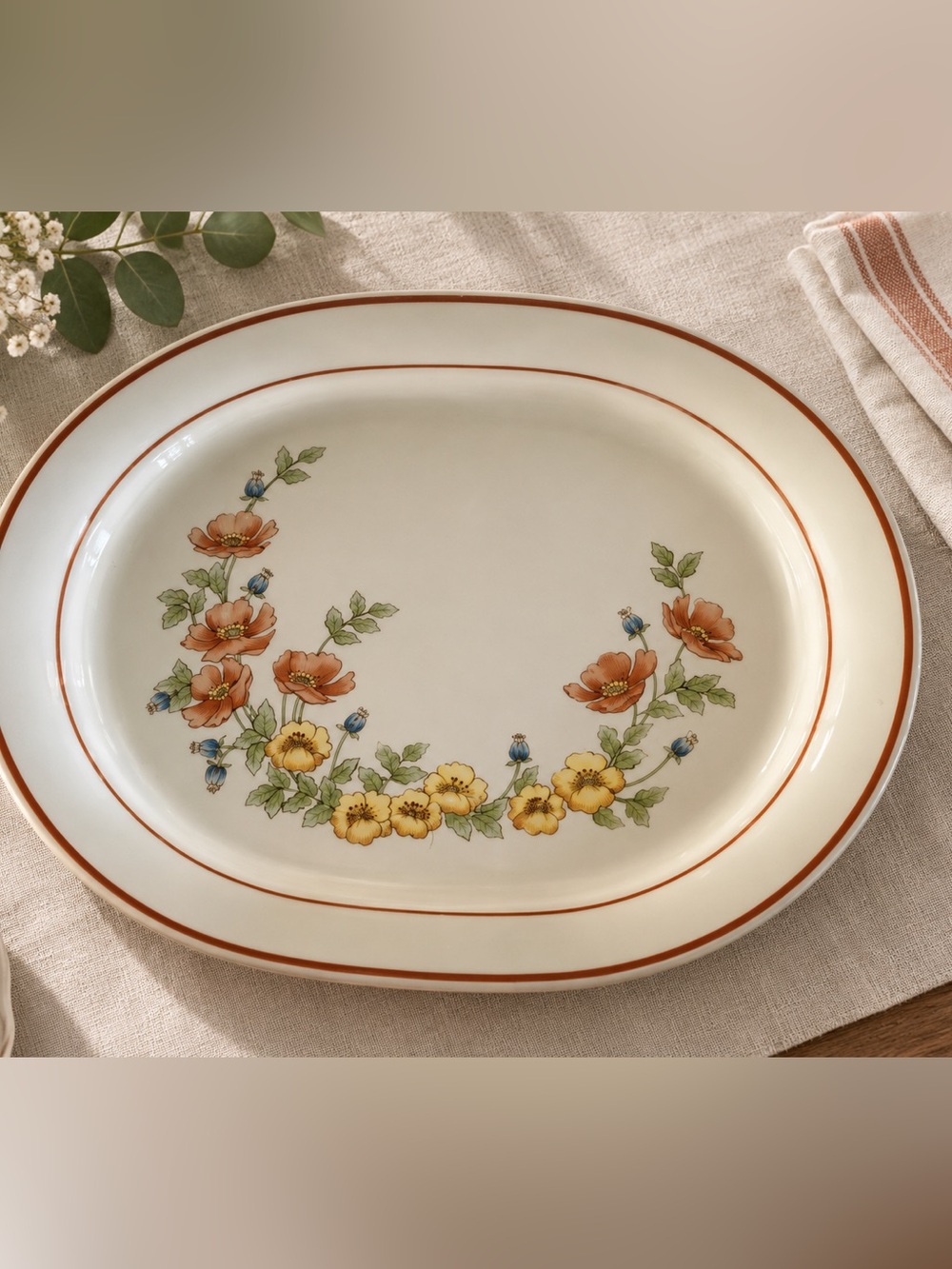 Corner Stone Floral Stoneware Oval Serving Platter 11.5” Made in Japan